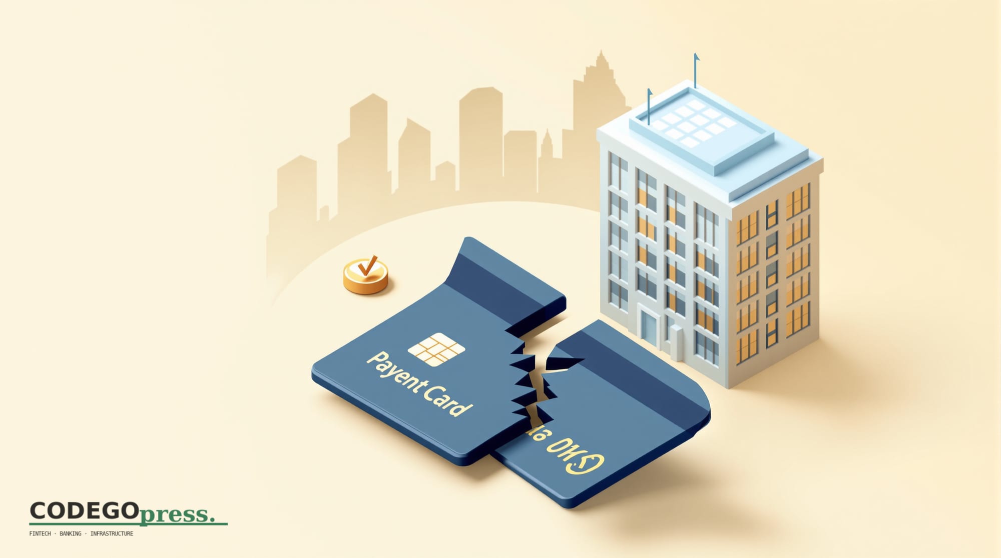 flat 3D isometric vector editorial illustration, banking-green primary (#1A6B43), cream background, gold and navy accents, so