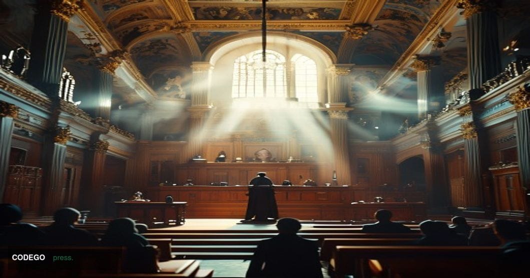 # Image Prompt:

A dramatic overhead shot of an ornate French courthouse interior with solemn judicial proceedings, featuring