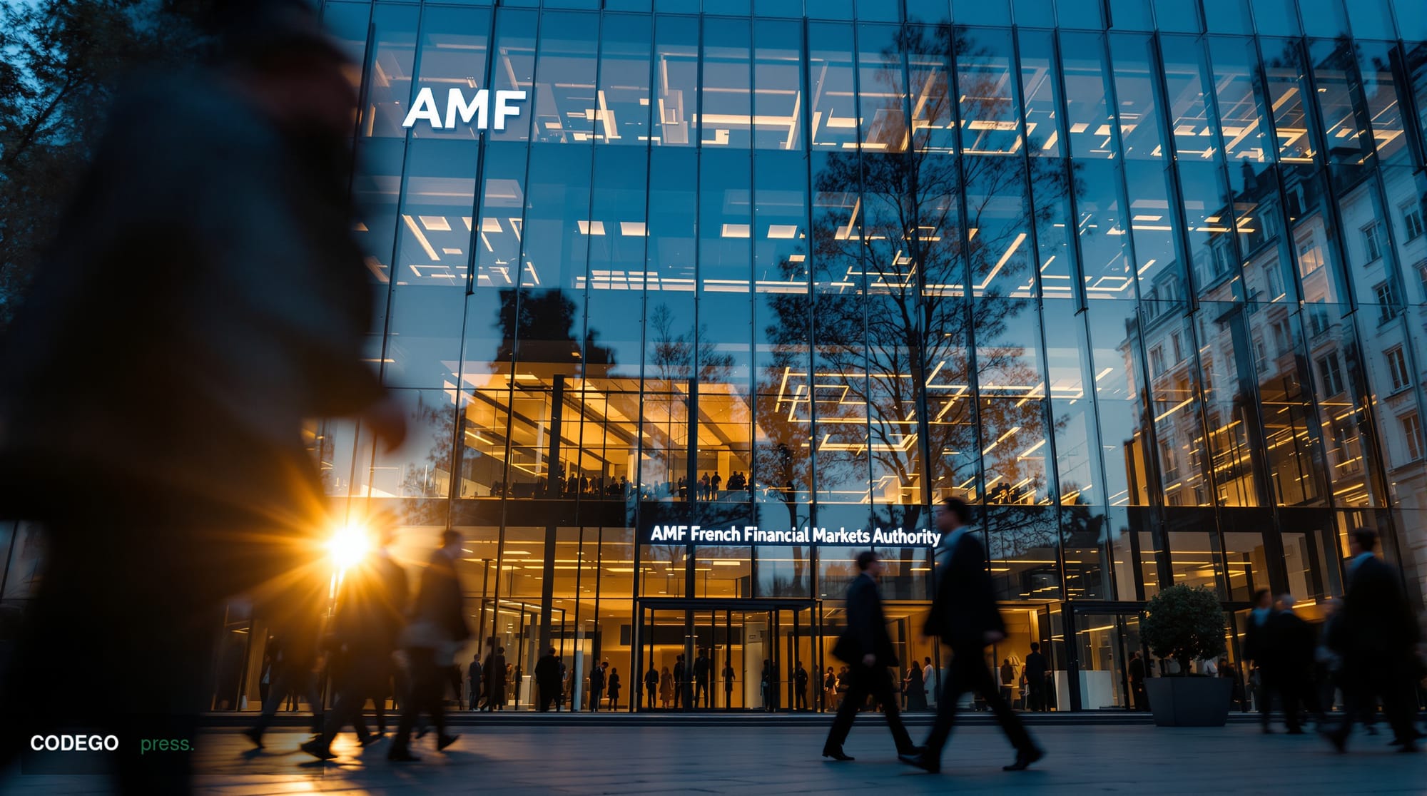 A cinematic editorial photograph of the French Financial Markets Authority (AMF) headquarters building in Paris, shot from a 