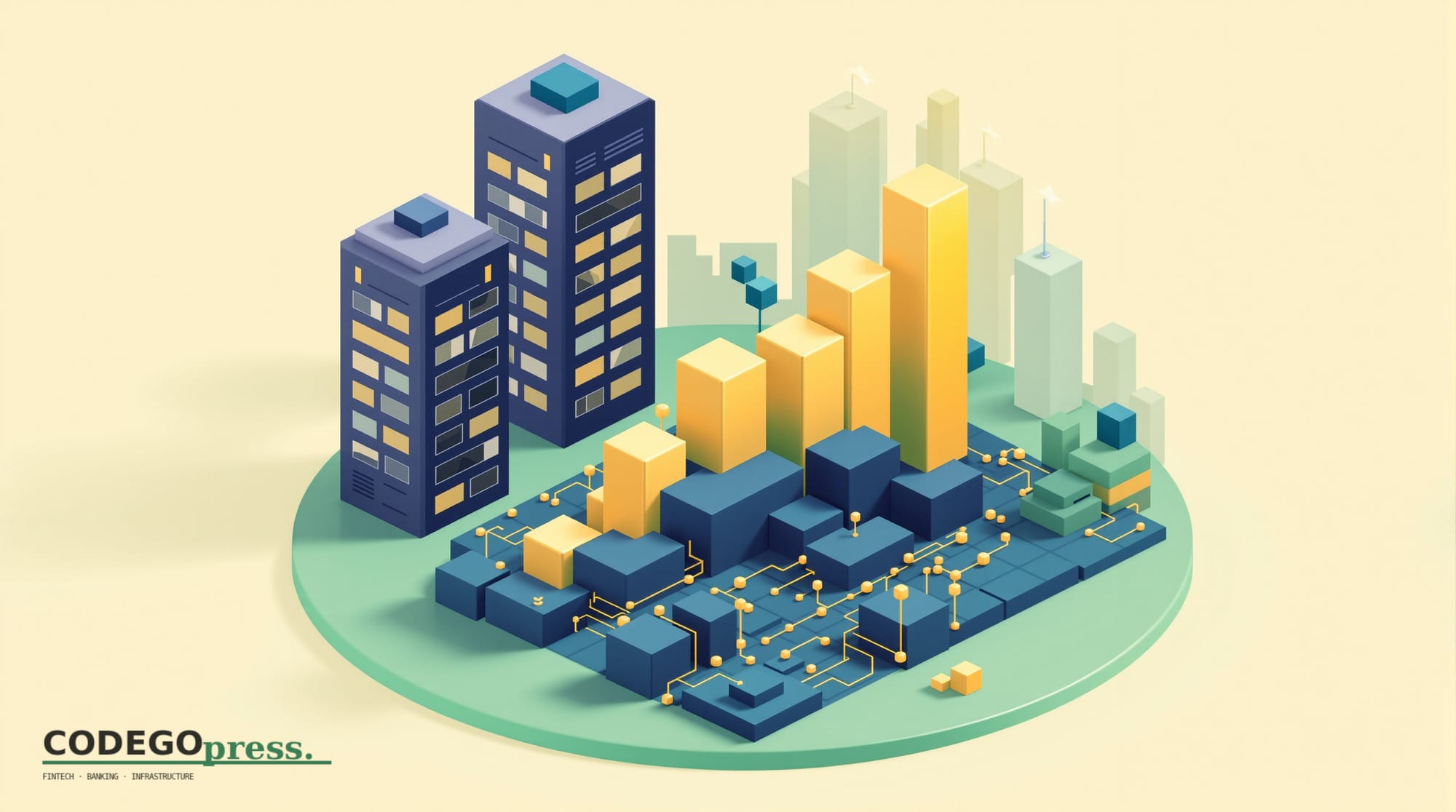flat 3D isometric vector editorial illustration, banking-green primary (#1A6B43), cream background, gold and navy accents, so