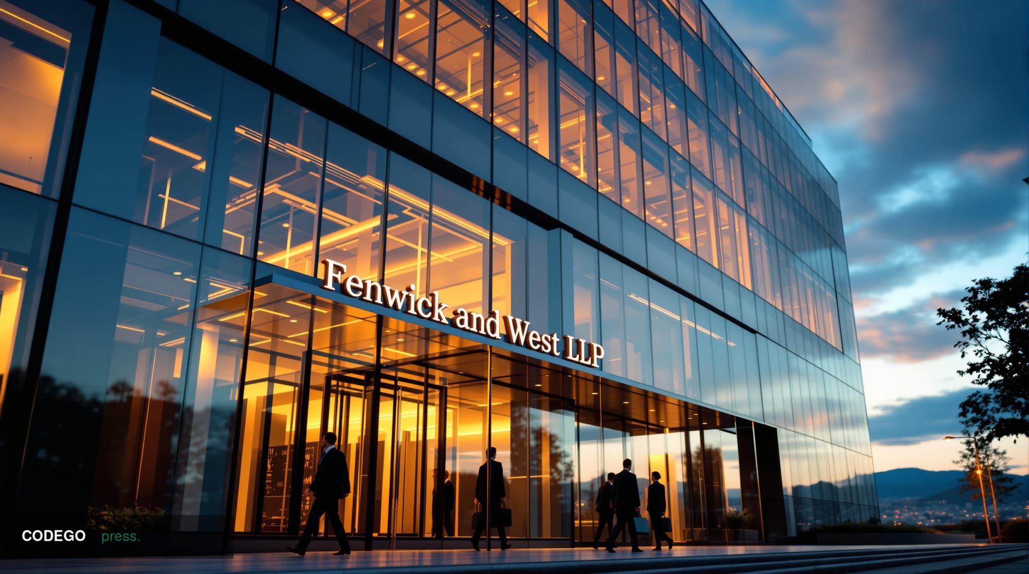 A photorealistic editorial photograph of a modern corporate law office building exterior in Silicon Valley, specifically show