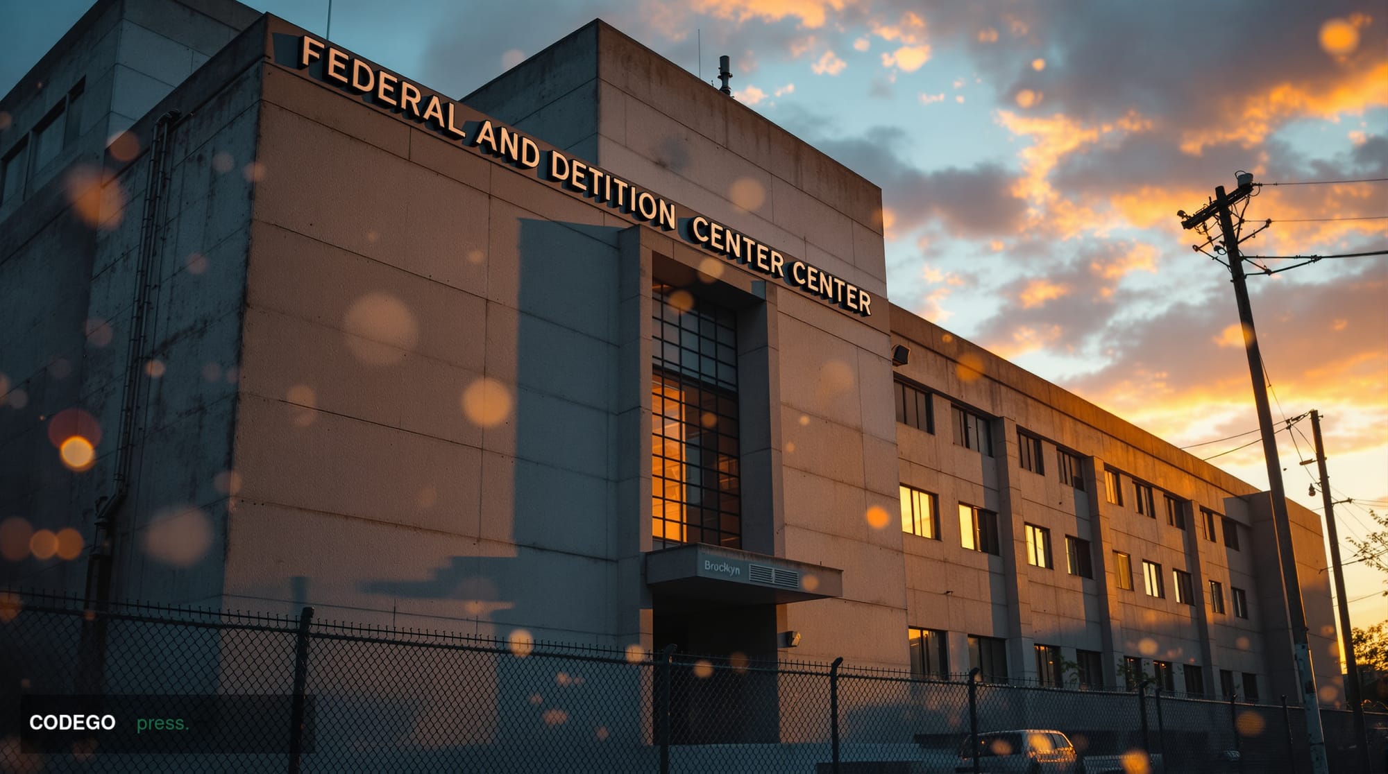 A cinematic editorial photograph showing the exterior of the Federal Detention Center in Brooklyn where Sam Bankman-Fried is 