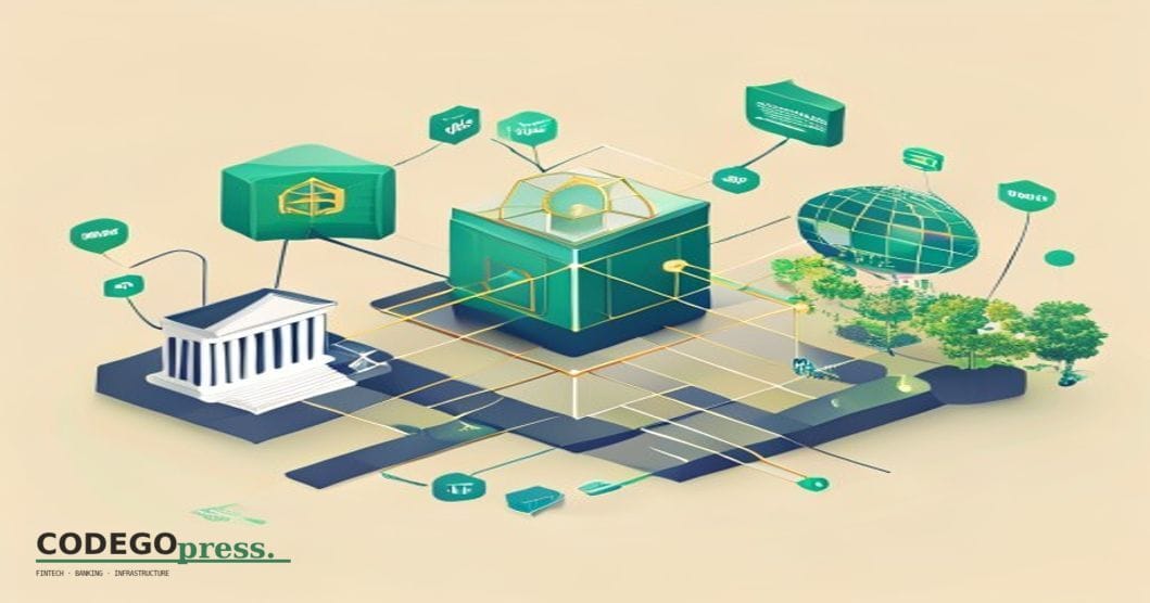 Flat 3D isometric vector editorial illustration showing a central payments gateway node (depicted as a geometric banking-gree
