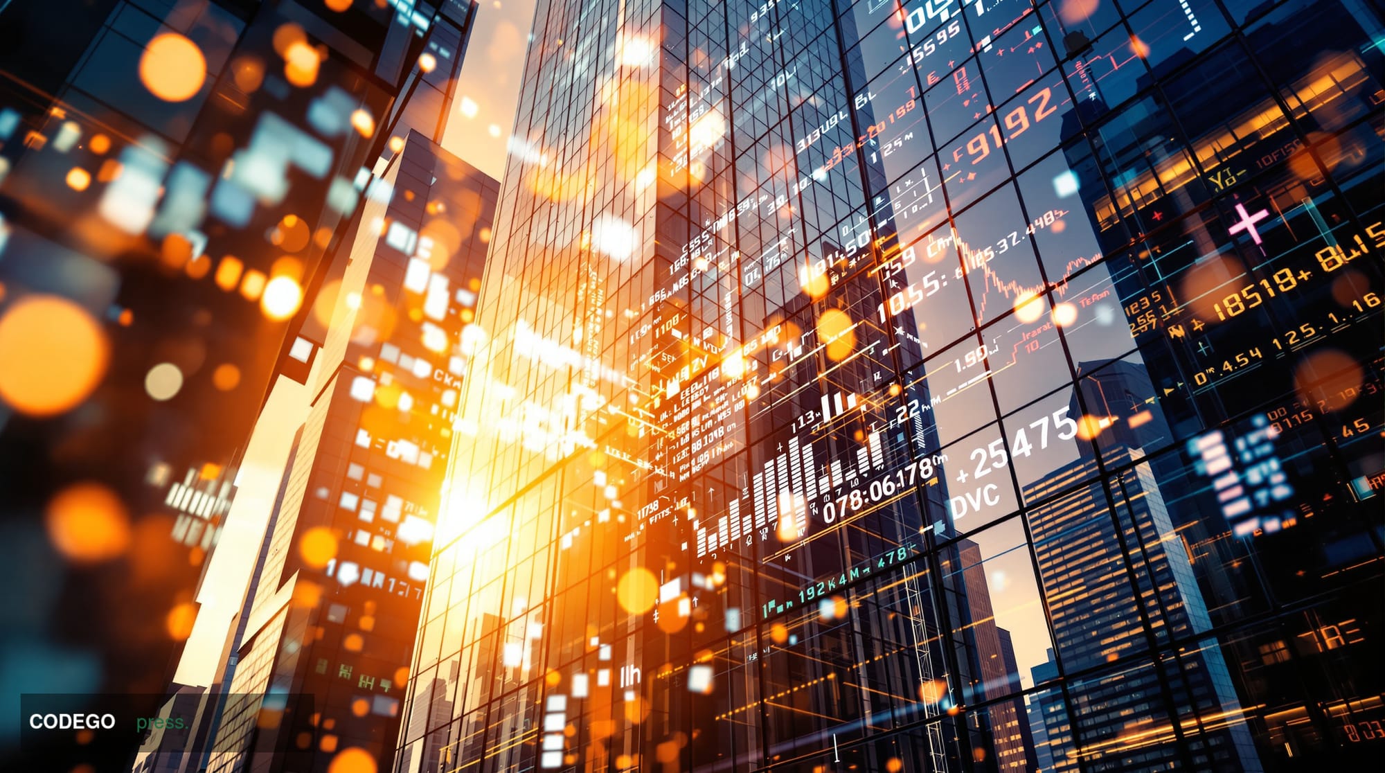 A cinematic editorial photograph of the Fundstrat Global Advisors office building in Manhattan's Financial District, shot fro
