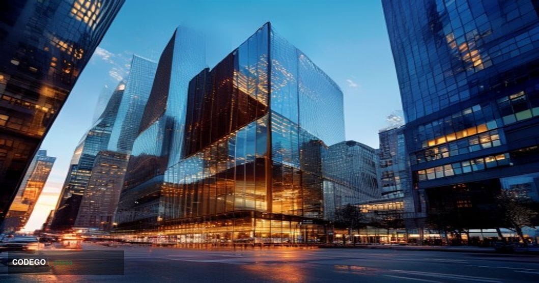A photorealistic editorial photograph of Galaxy Digital's corporate headquarters building in New York City, shot during golde