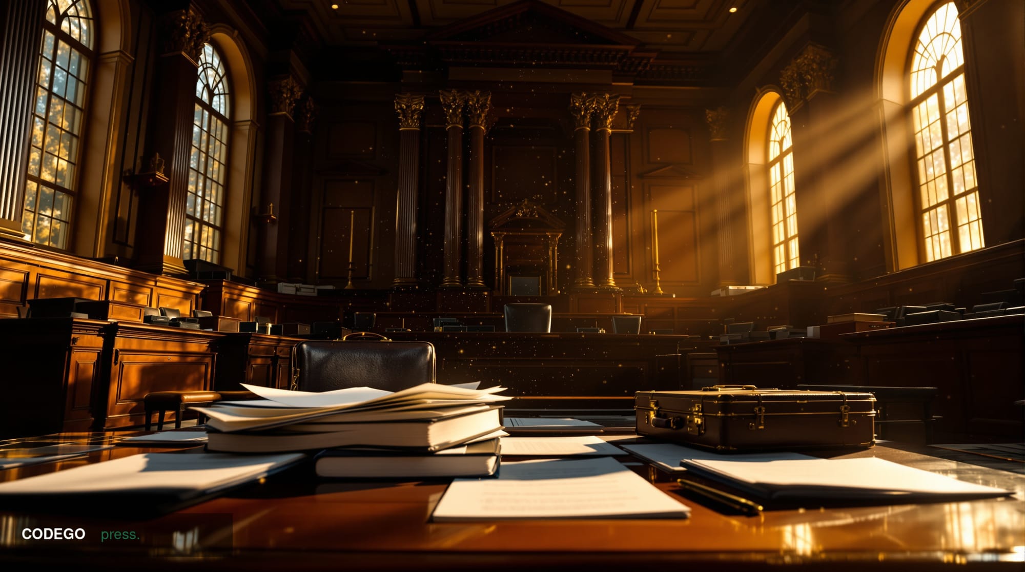 A dramatic courtroom scene photographed from a low angle, showing the imposing interior of a Delaware Chancery Court with dar