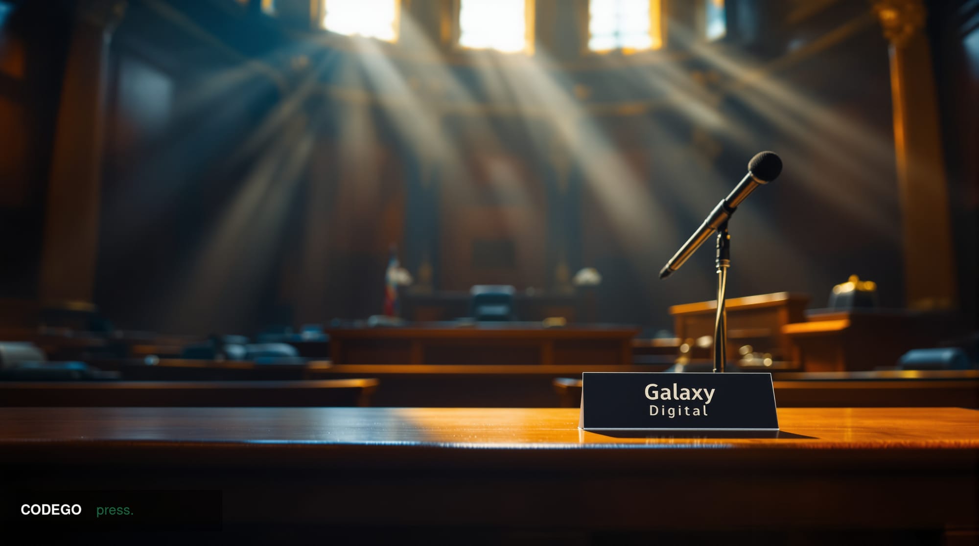 A dramatic courtroom scene captured in cinematic editorial photography, showing the interior of a federal courthouse with war