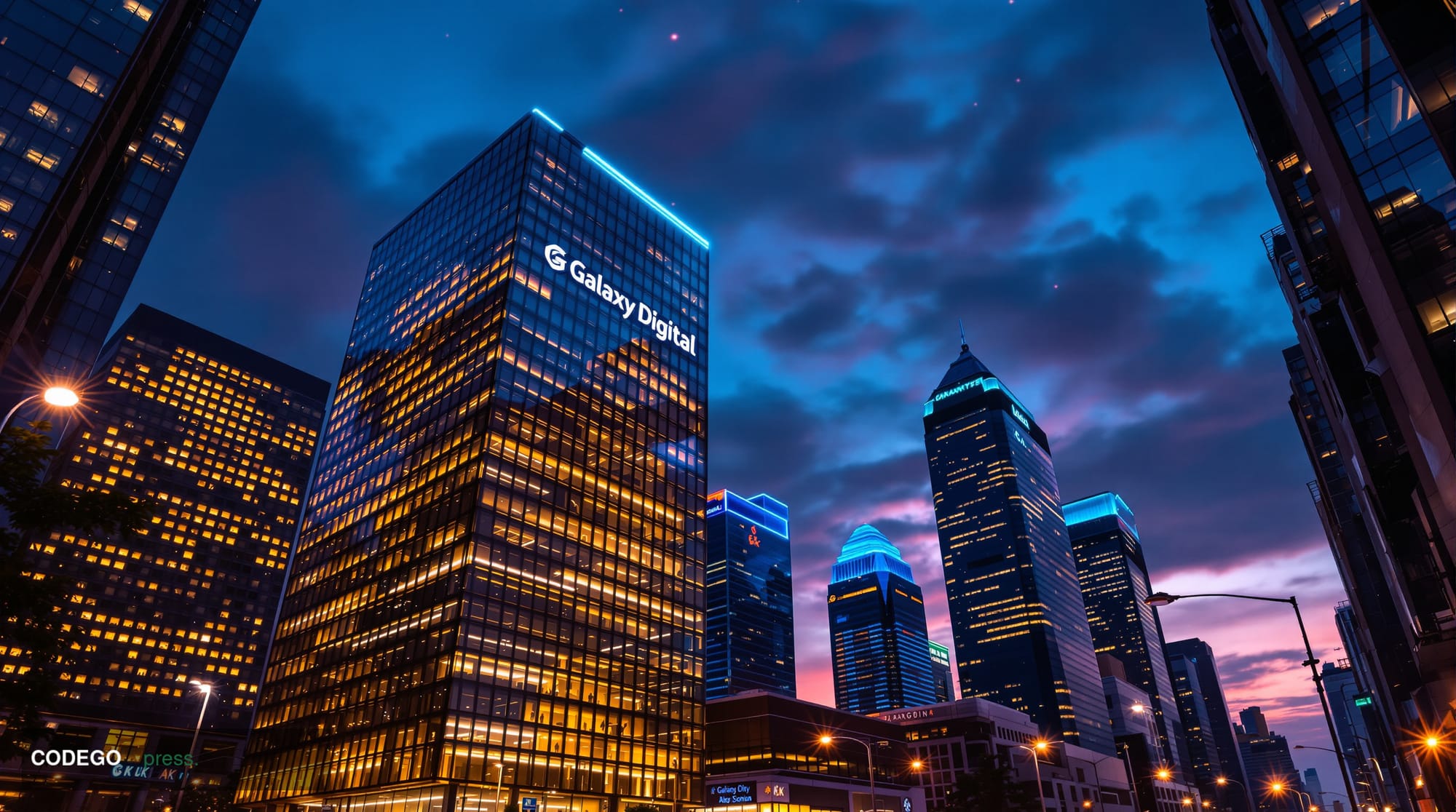 A cinematic editorial photograph showcasing the modern financial district skyline at dusk with Galaxy Digital's headquarters 