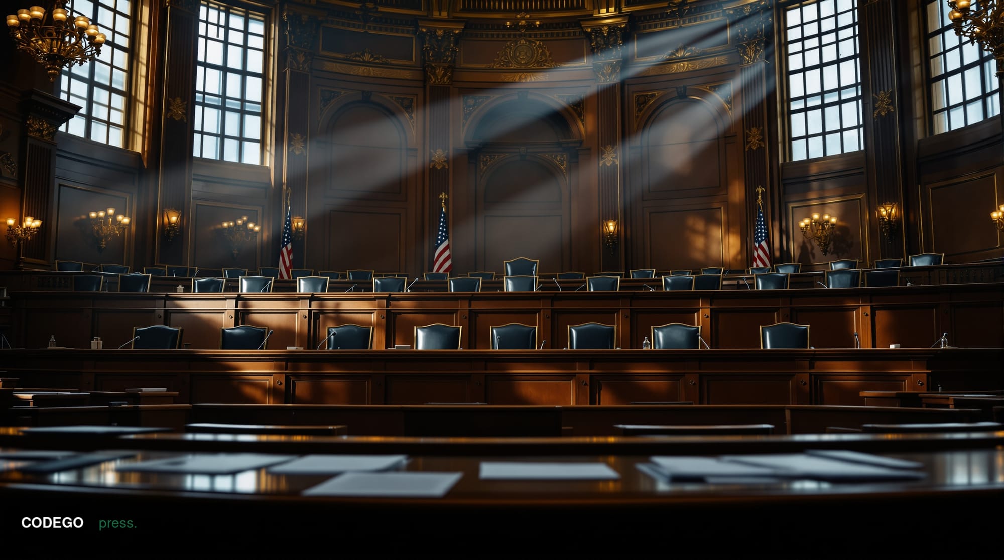A cinematic editorial photograph of the United States Senate Banking Committee hearing room, showing the iconic curved dais w