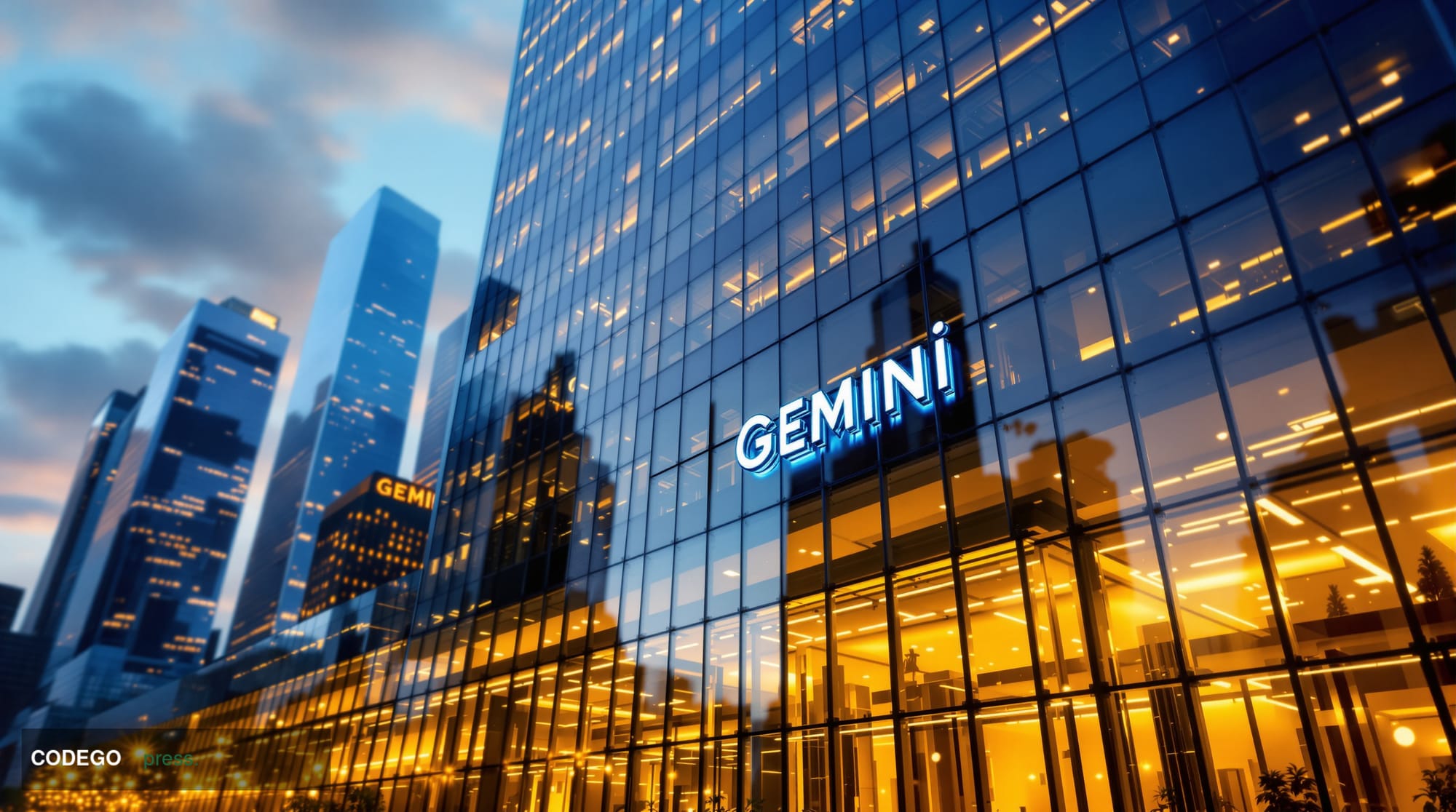 A photorealistic editorial photograph of Gemini's corporate headquarters exterior in New York City, showcasing the modern gla