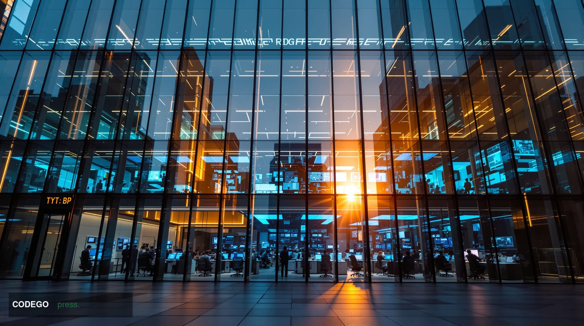 A cinematic editorial photograph showcasing Gemini's modern cryptocurrency exchange headquarters in New York City, captured d