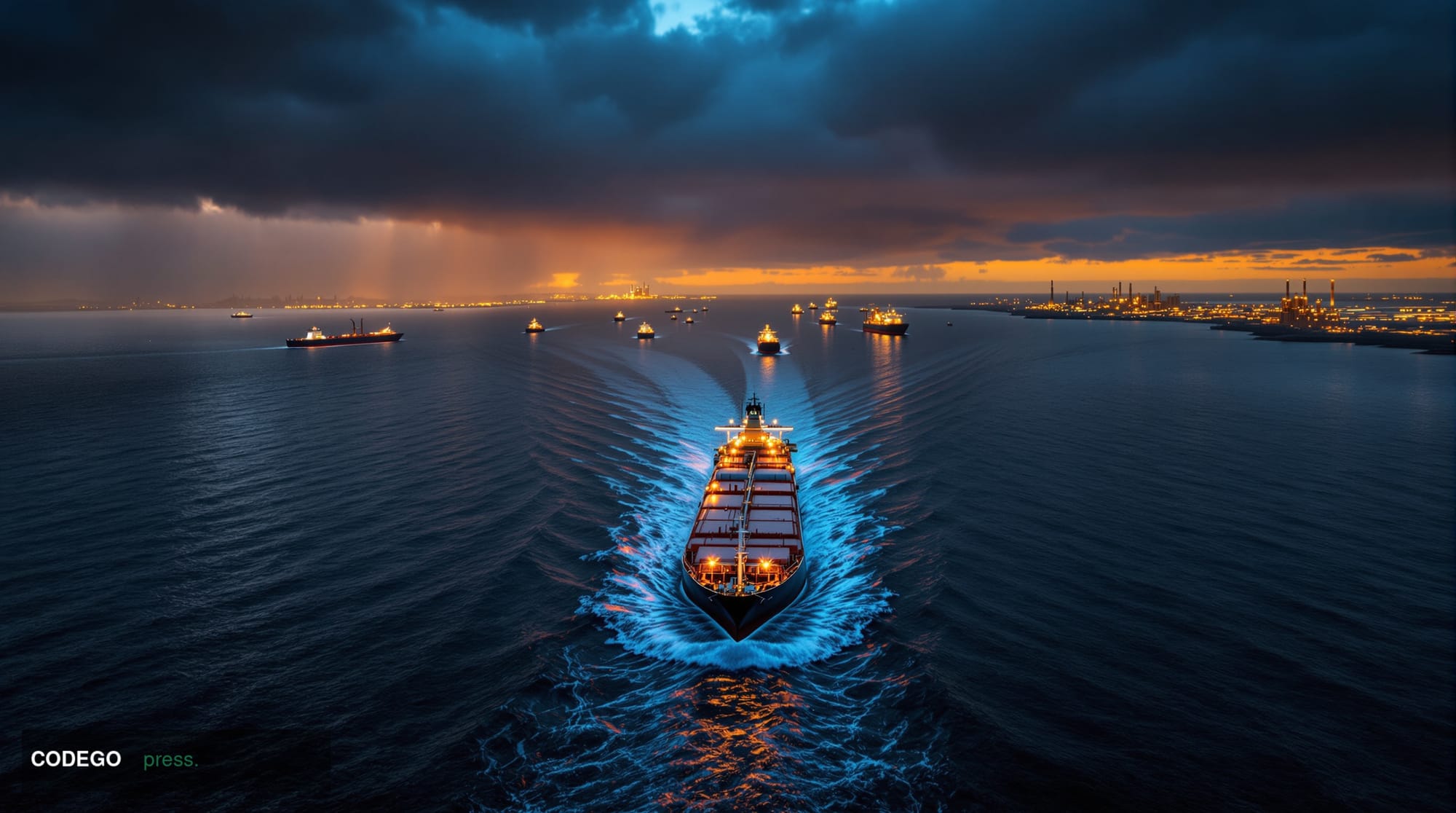 A dramatic aerial view of oil tankers navigating through the Strait of Hormuz at dusk, with dark storm clouds gathering overh