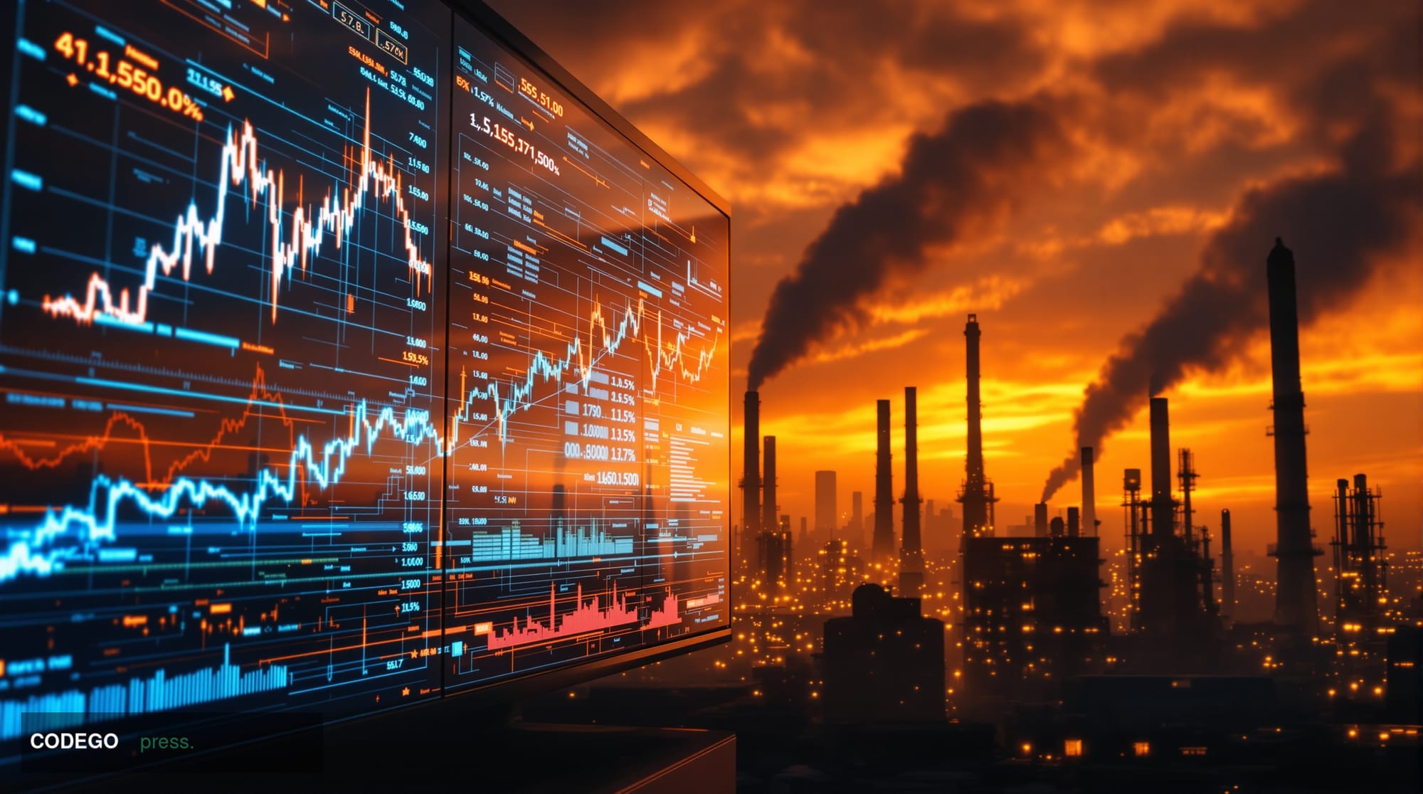 A dramatic photorealistic editorial photograph showing the intersection of global energy and digital finance markets during c