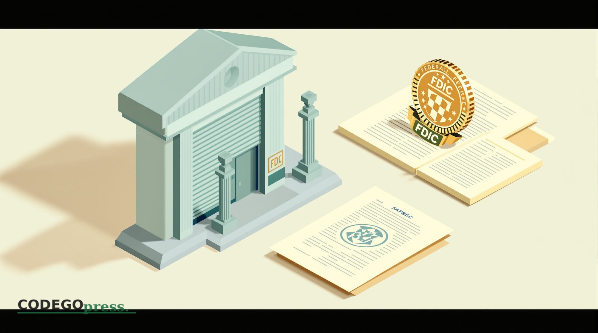 Flat 3D isometric vector editorial illustration in banking-green (#1A6B43) primary with cream background. Central composition