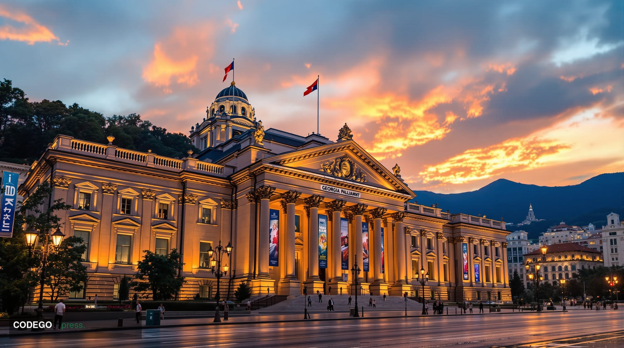 A photorealistic editorial photograph showcasing the Georgian government building or Parliament in Tbilisi with its distincti