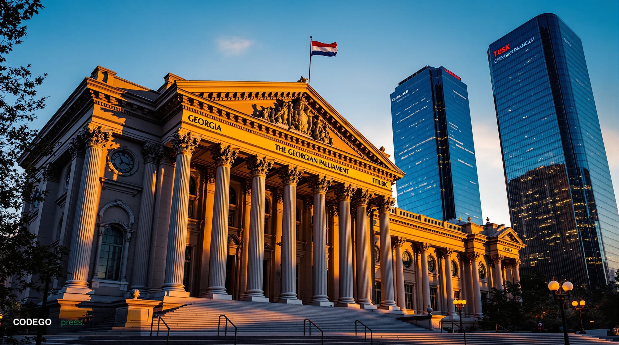 A photorealistic editorial photograph showing the Georgian Parliament building in Tbilisi with its distinctive neoclassical a