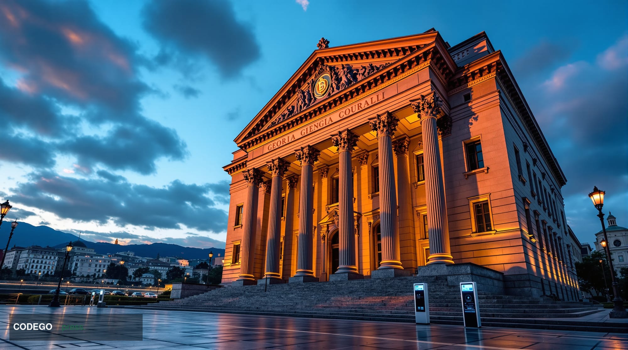 Cinematic editorial photograph showing the Georgian government building or parliament in Tbilisi with its distinctive archite
