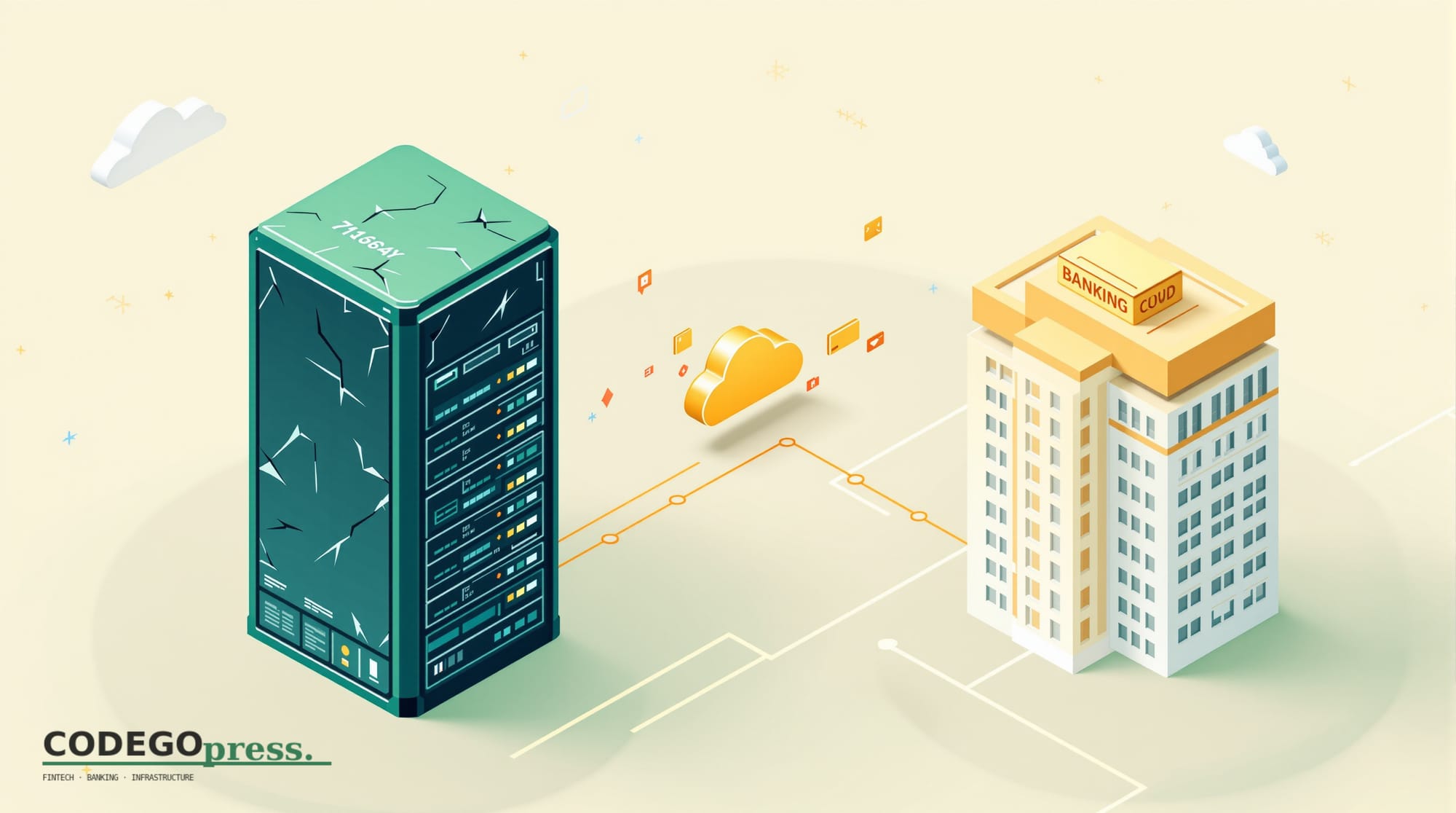 Flat 3D isometric vector editorial illustration. Primary color banking-green (#1A6B43), cream background, gold and navy accen