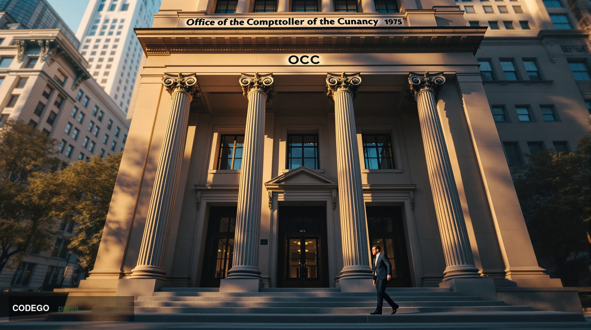 A photorealistic editorial photograph showing the imposing neoclassical facade of the Office of the Comptroller of the Curren