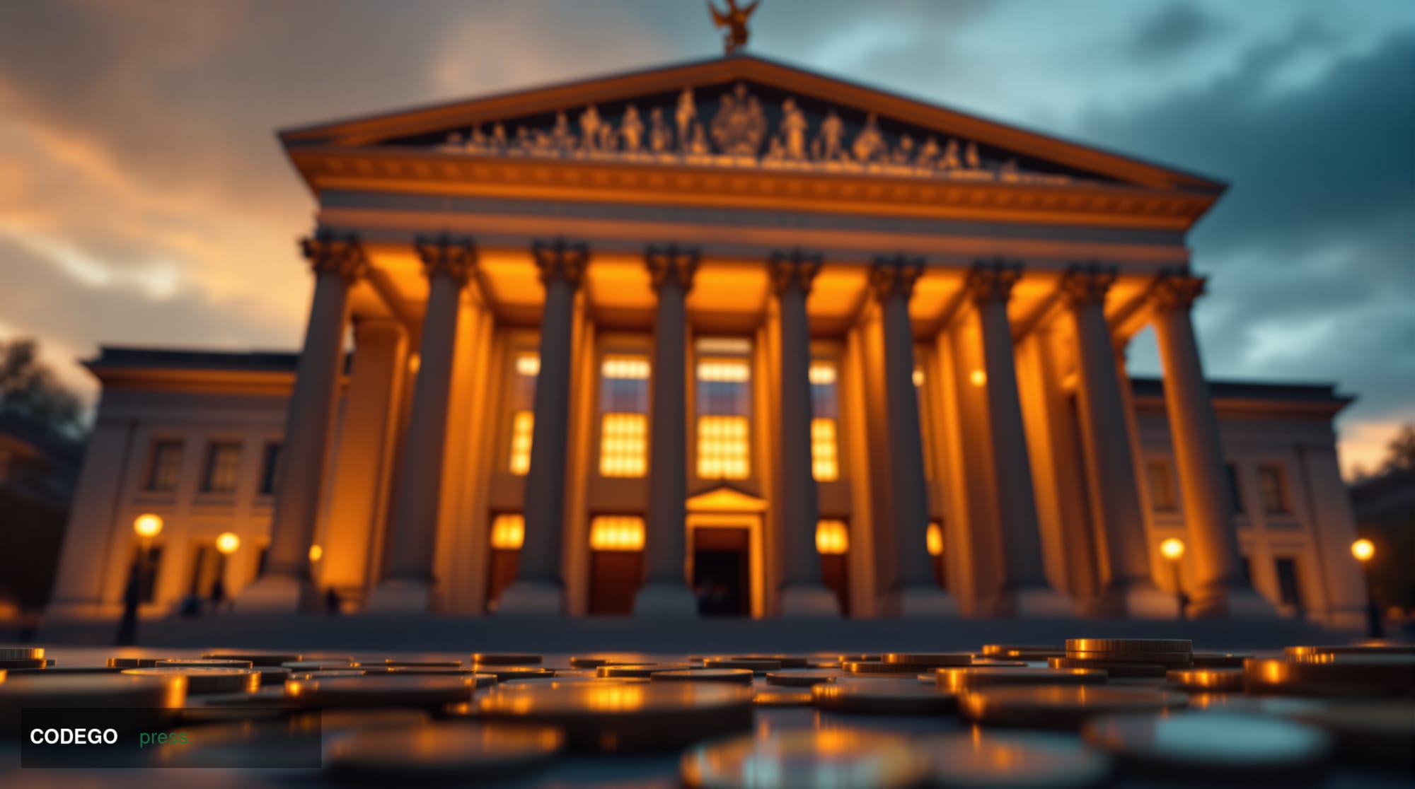 A cinematic photorealistic editorial photograph of the German Federal Ministry of Finance building in Berlin, shot during gol