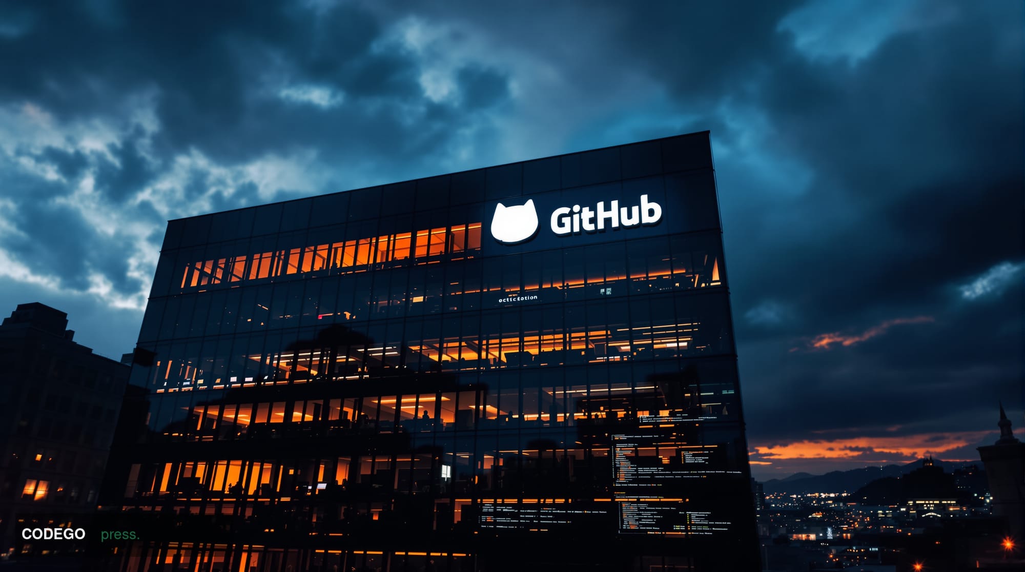 A dramatic photorealistic editorial photograph showing the GitHub headquarters building in San Francisco at dusk, with the di