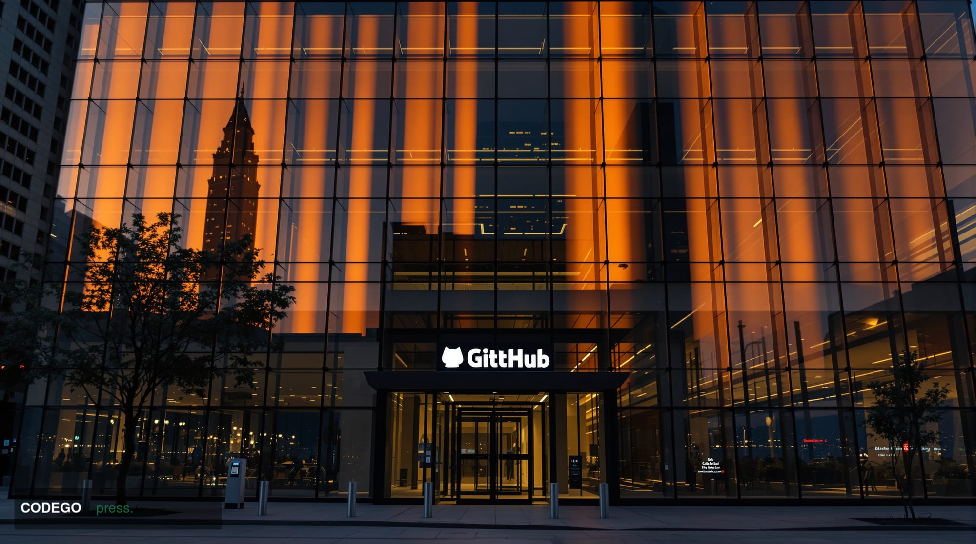 A dramatic wide-angle photograph of GitHub's modern San Francisco headquarters at 88 Colin P Kelly Jr Street, captured during