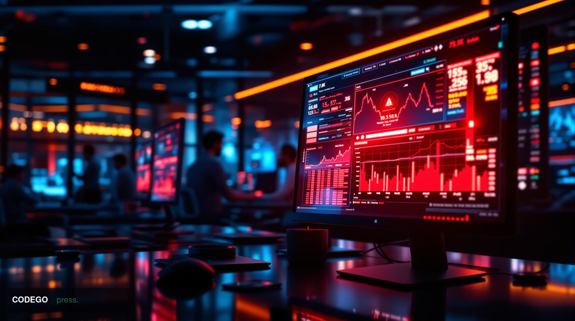 A cinematic editorial photograph capturing the stark reality of cryptocurrency security breaches in a modern fintech environm