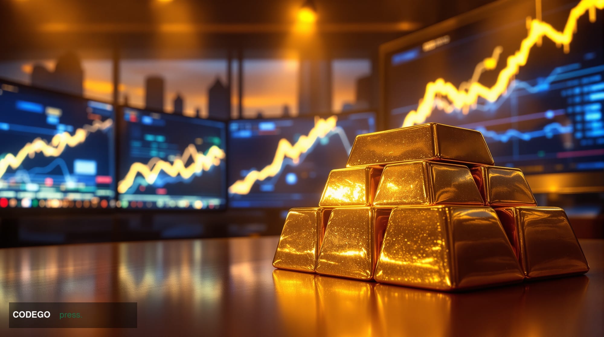 A photorealistic editorial photograph capturing the dramatic resurgence of gold as a safe-haven investment, shot in a high-en