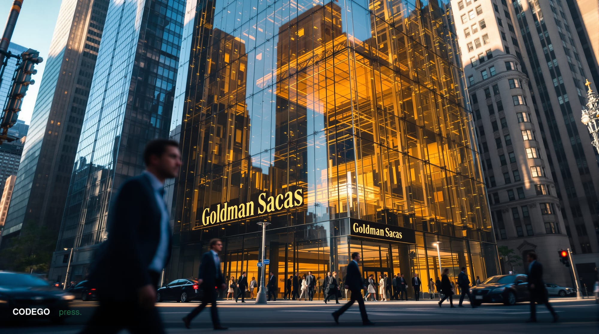 A photorealistic editorial photograph showing the imposing glass facade of Goldman Sachs headquarters at 200 West Street in L