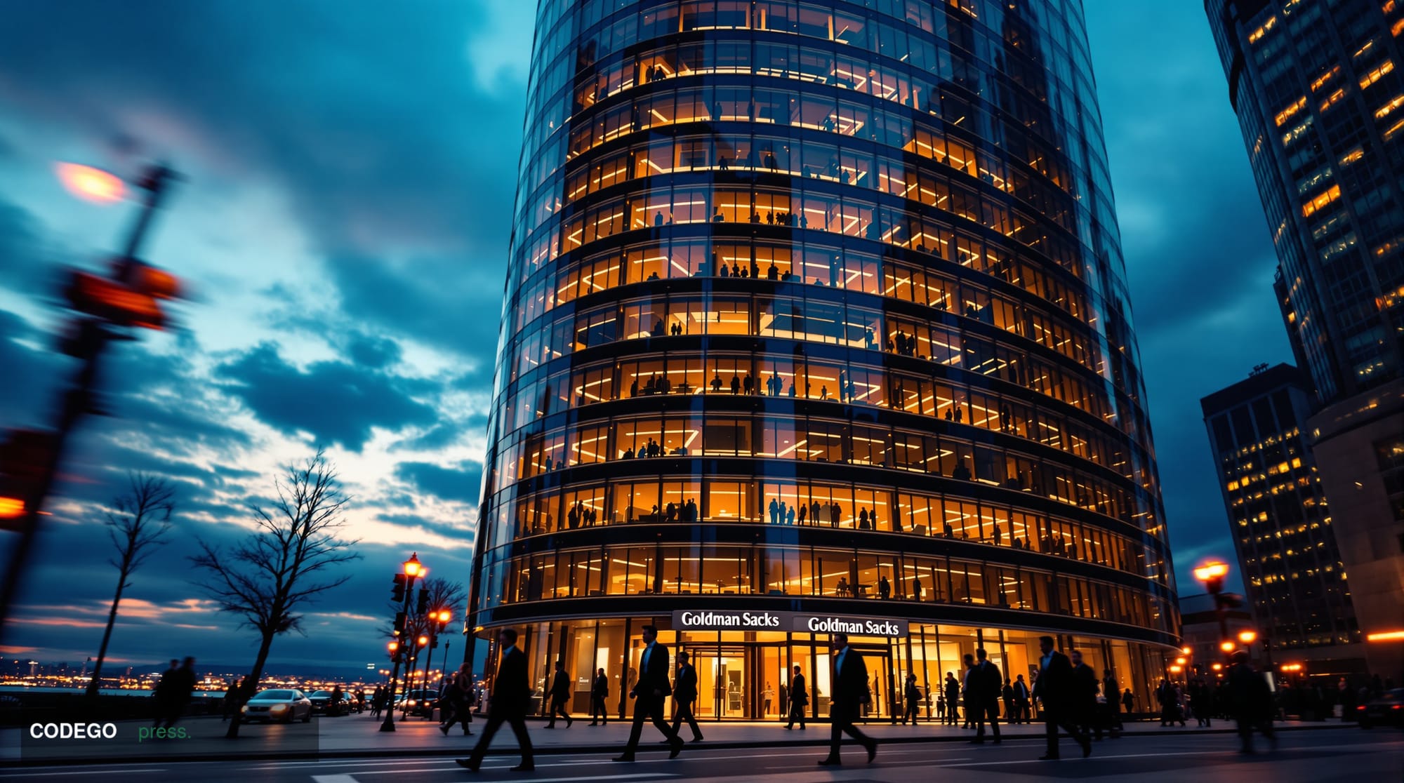 A cinematic editorial photograph of Goldman Sachs' iconic headquarters at 200 West Street in Lower Manhattan, shot from a low