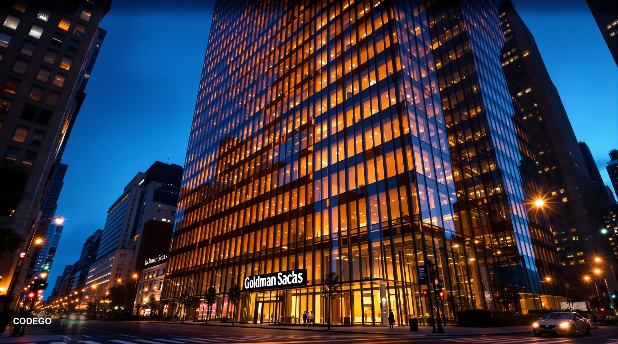 A photorealistic editorial photograph capturing Goldman Sachs' headquarters at 200 West Street in Lower Manhattan during the 