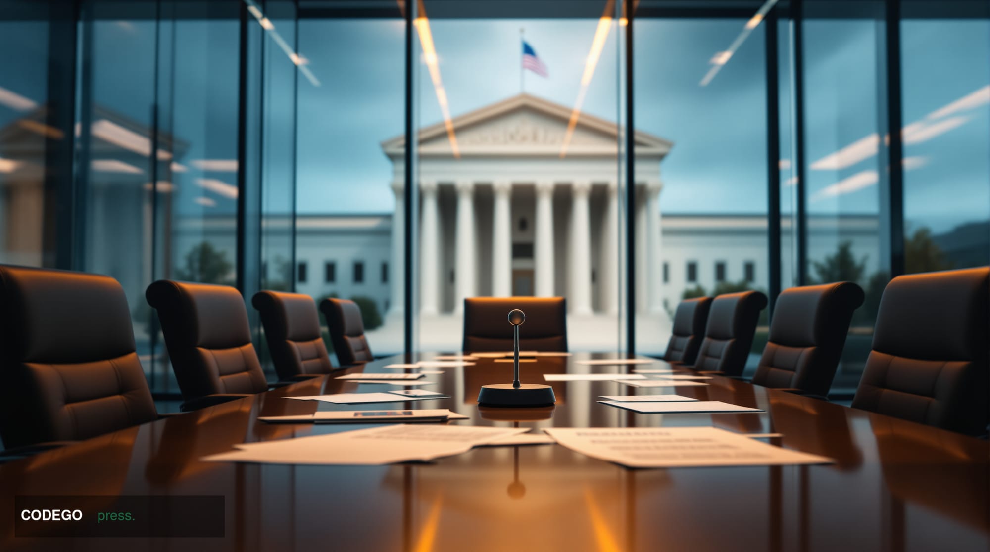 A dramatic photorealistic editorial photograph capturing the weight of corporate accountability and legal consequences. The s