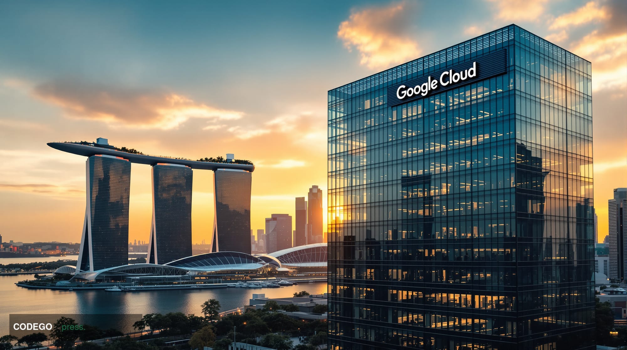 A photorealistic editorial photograph showing Google Cloud's regional headquarters in Singapore's financial district, with th