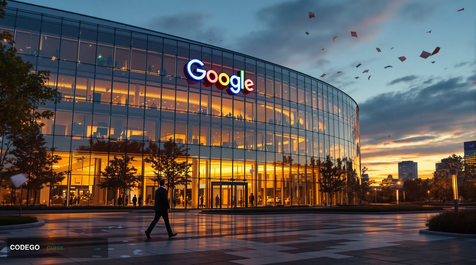 A photorealistic editorial photograph showing the imposing glass facade of Google's Mountain View headquarters at dusk, with 
