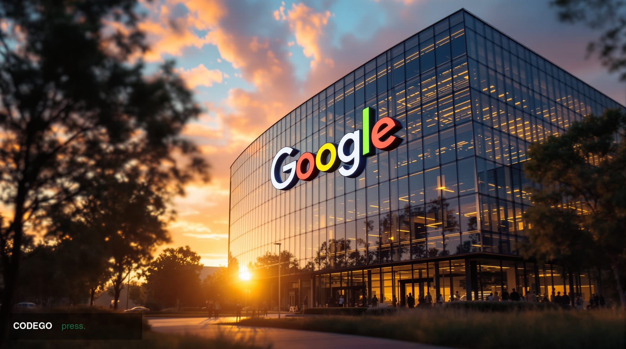 A cinematic editorial photograph capturing Google's Mountain View headquarters complex in California, showing the iconic colo