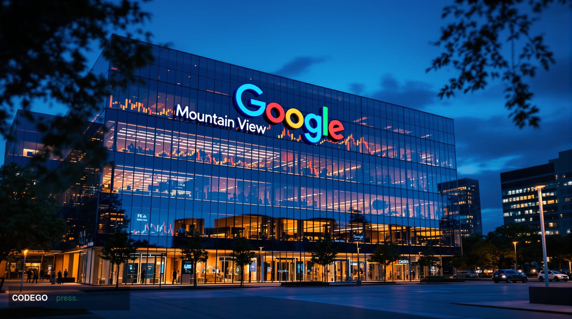 A dramatic cinematic photograph of Google's Mountain View headquarters campus exterior at dusk, with the iconic colorful Goog