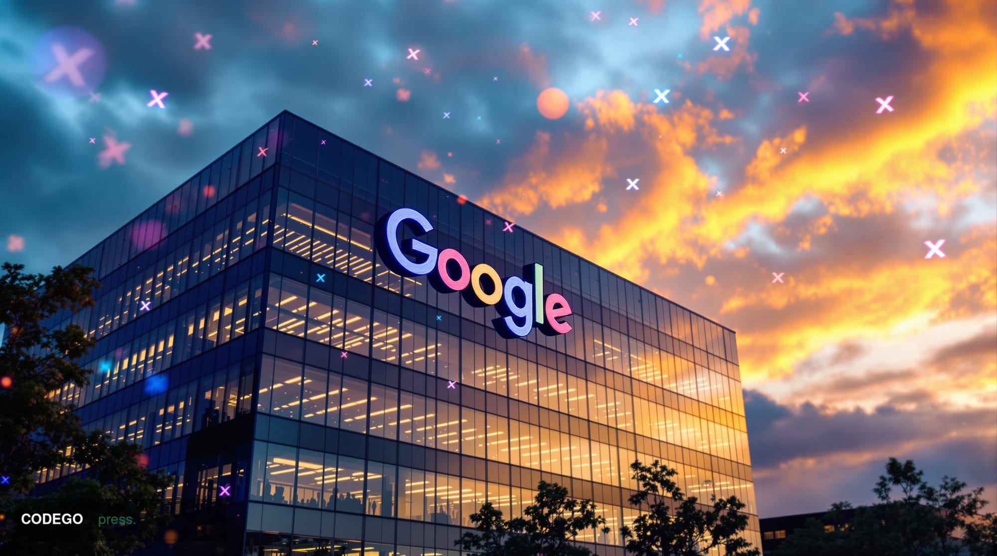 A cinematic editorial photograph showcasing Google's Mountain View headquarters complex in California, with the distinctive c