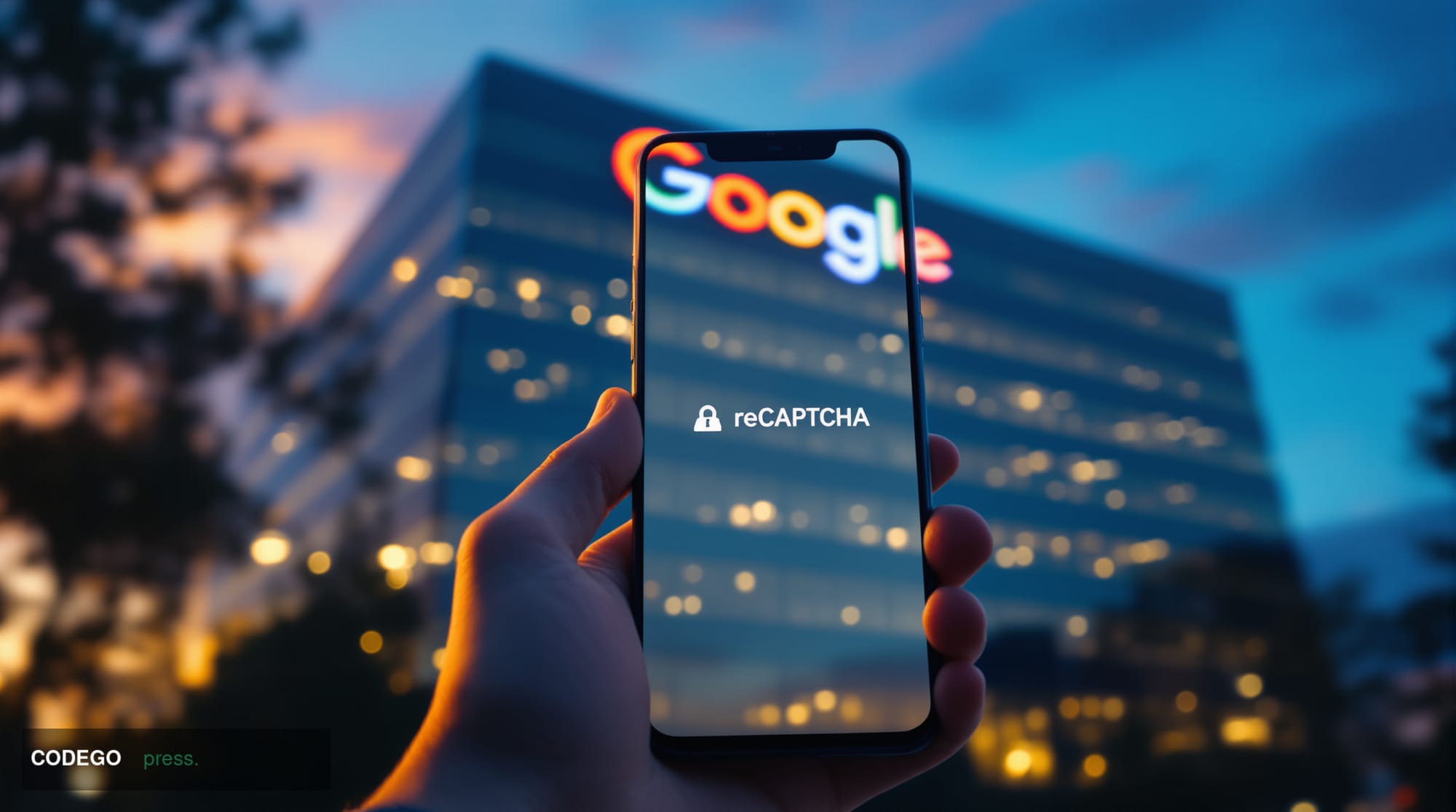 A dramatic editorial photograph showing a smartphone with a privacy-focused interface being held in front of a massive Google