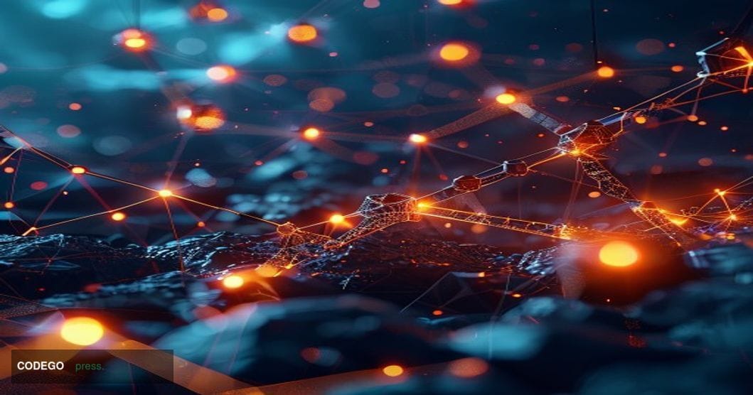 A cinematic editorial photograph showing a dramatic nighttime view of interconnected blockchain network nodes represented as 