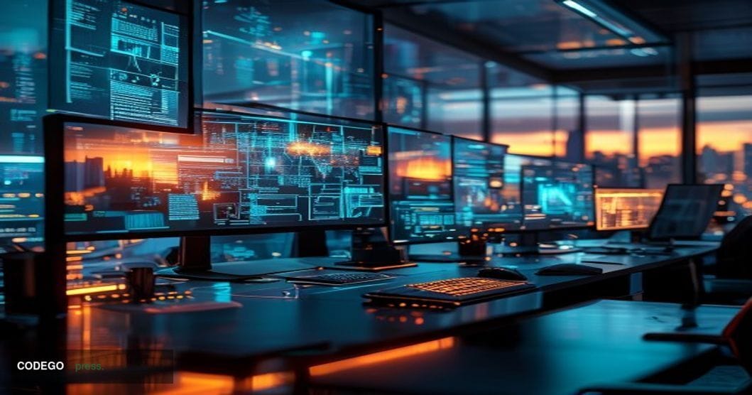 A dramatic cinematic photograph of a modern tech office environment with multiple computer screens displaying blockchain netw