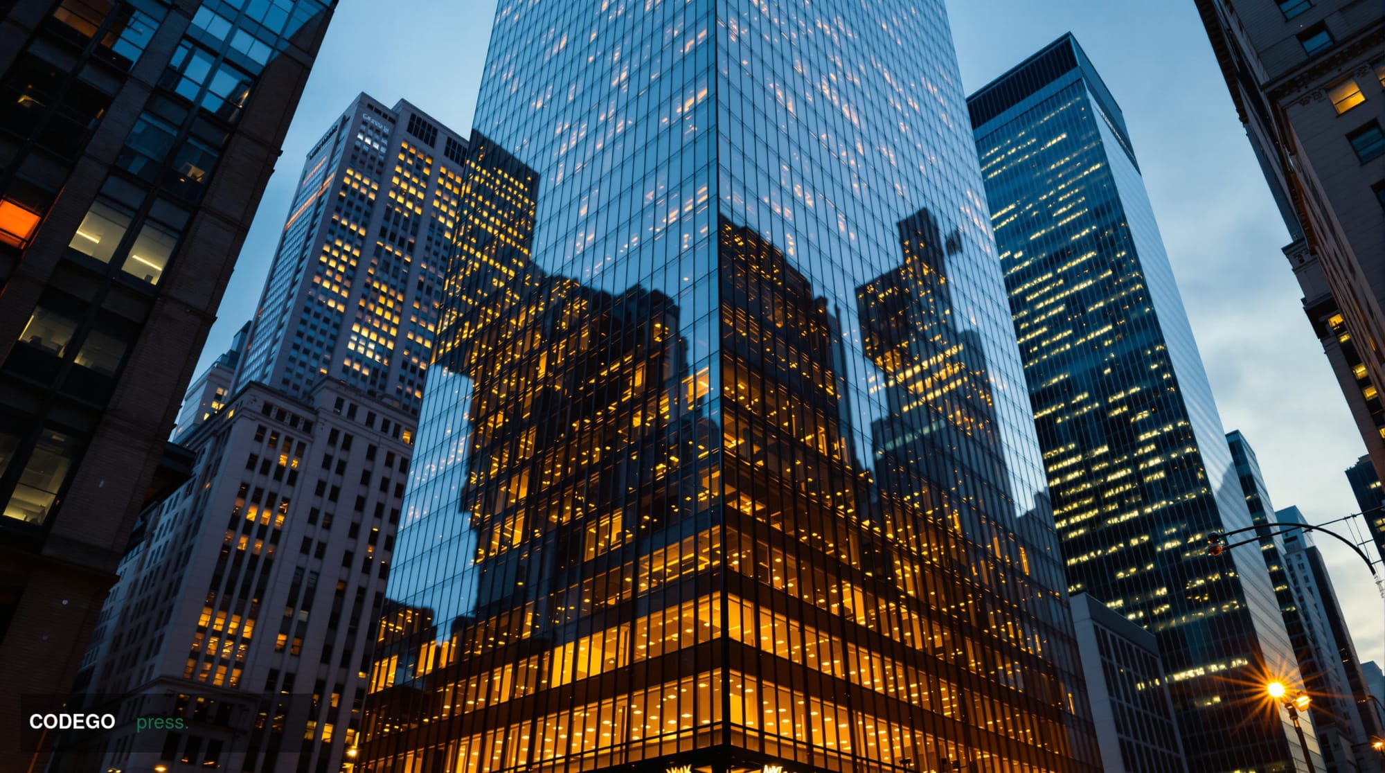 A cinematic editorial photograph showcasing Grayscale Investments' corporate headquarters in New York, with the distinctive g