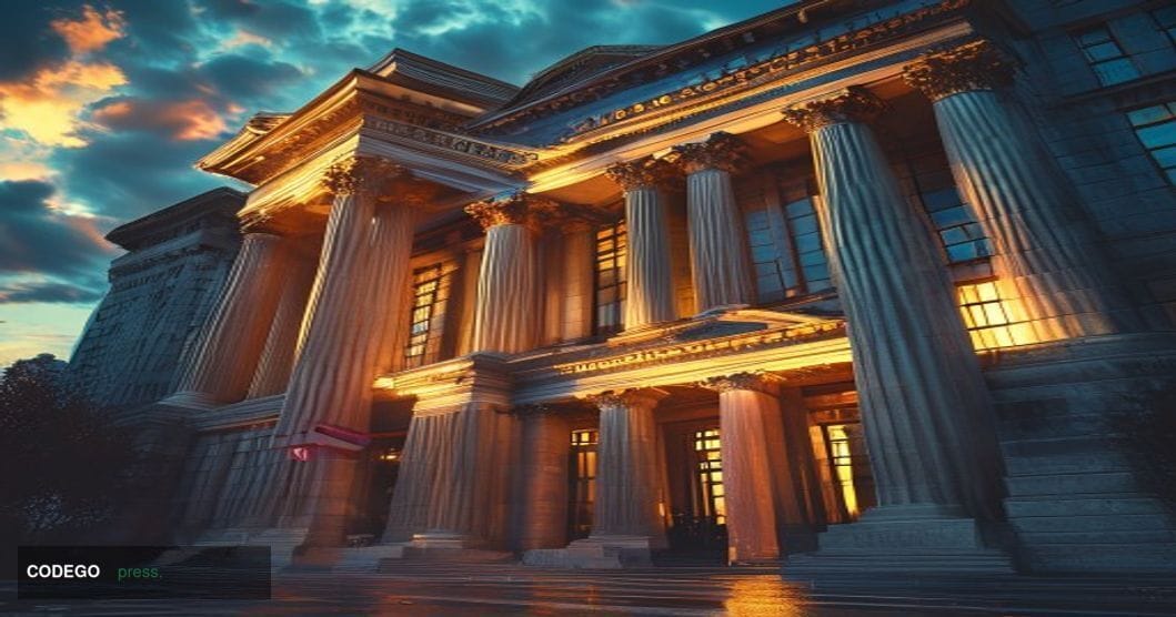A photorealistic editorial photograph showing the imposing facade of the Securities and Exchange Commission headquarters buil