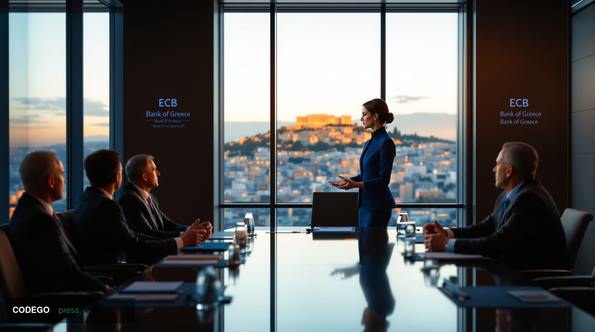 A sophisticated boardroom scene in Athens showing a professional woman in business attire delivering a presentation to seated