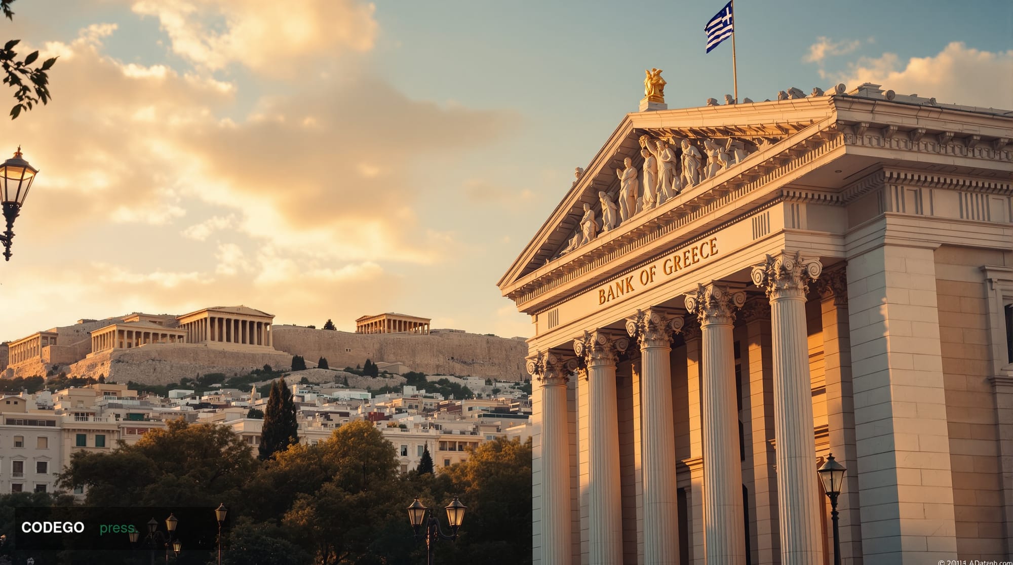 A cinematic editorial photograph of the neoclassical Bank of Greece headquarters building in central Athens, shot during gold