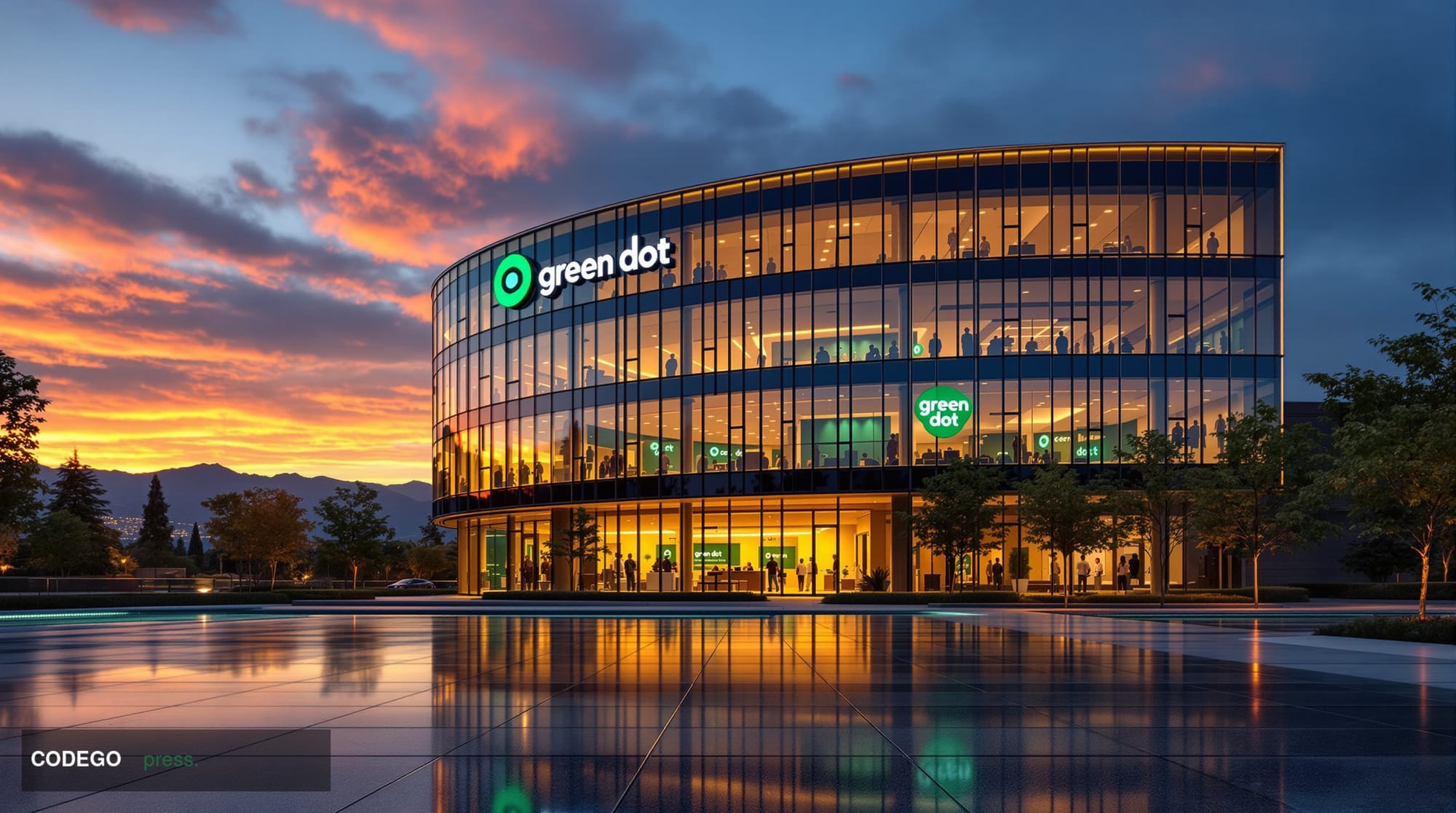 A photorealistic editorial photograph of Green Dot's corporate headquarters building in Pasadena, California, captured during