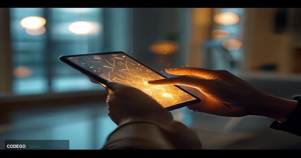 A photorealistic editorial photograph showing a person's hands holding a smartphone displaying a mobile banking interface, ca