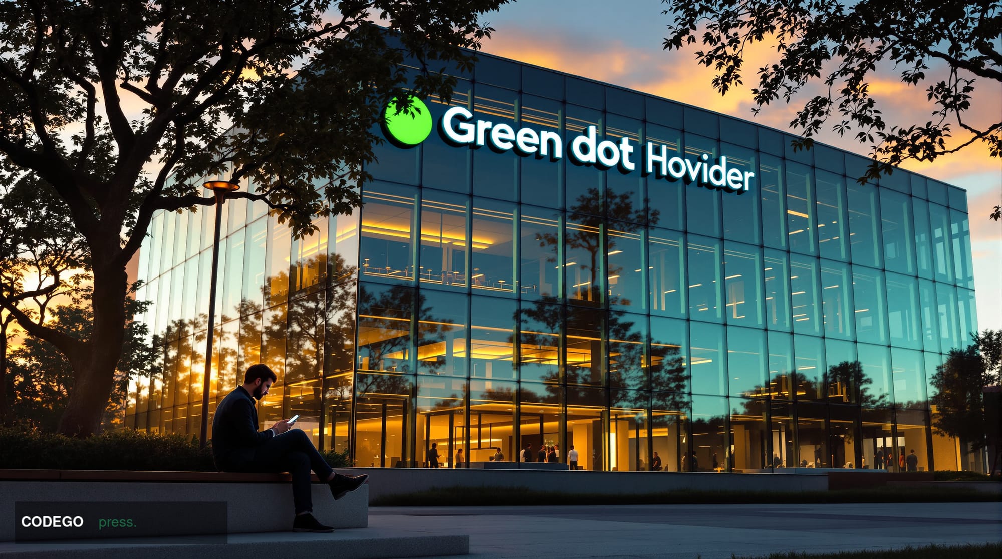 A photorealistic editorial photograph showing Green Dot's corporate headquarters in Pasadena, California, captured during gol