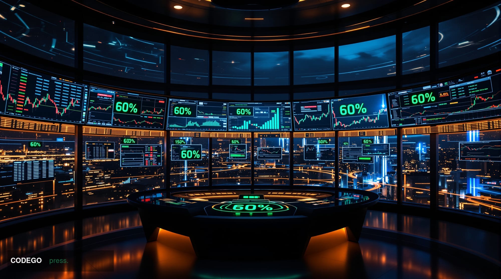 A photorealistic editorial photograph showing a high-tech trading floor bathed in dramatic chiaroscuro lighting, with multipl