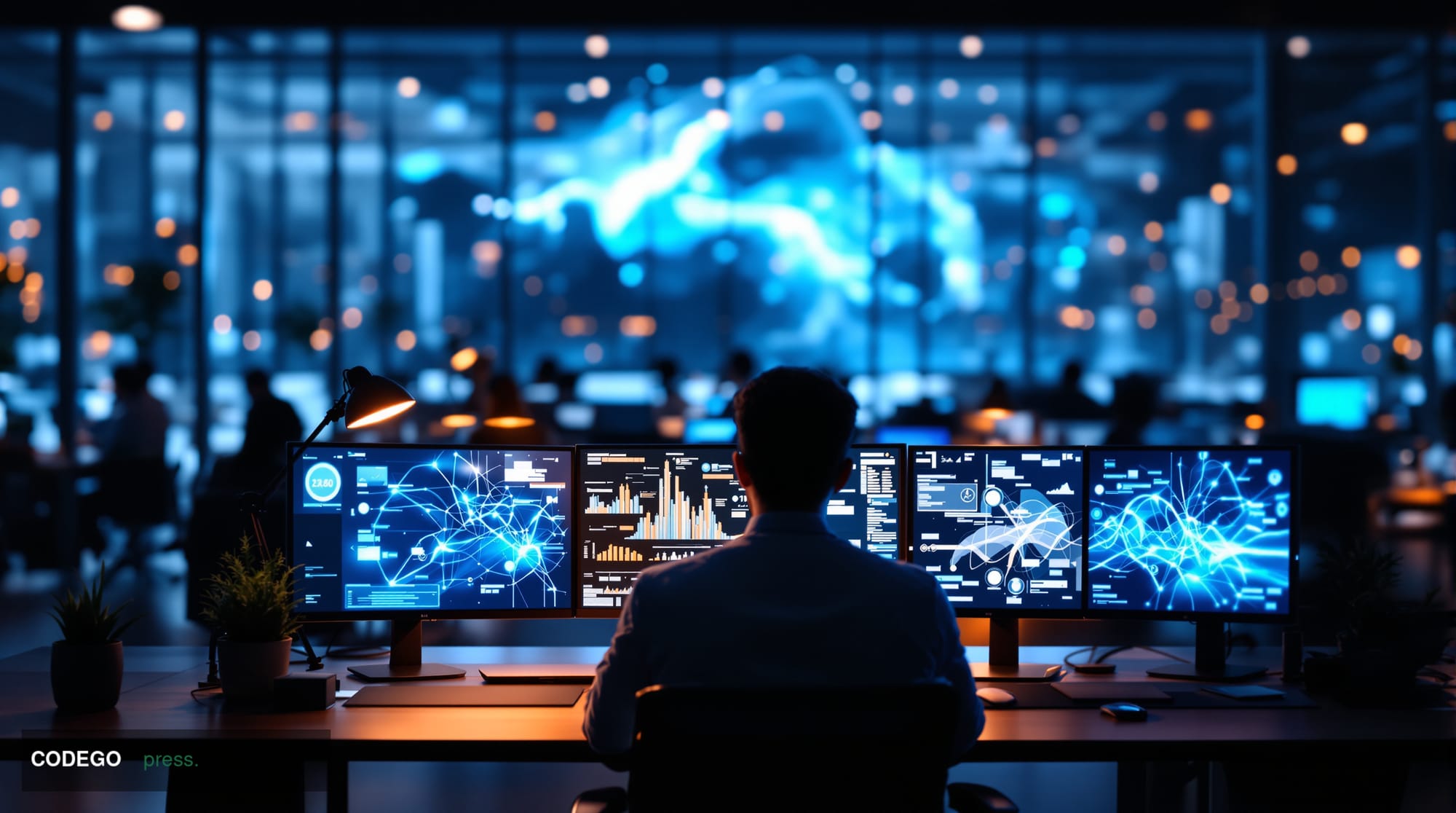 A cinematic editorial photograph of a modern tech workspace featuring multiple large monitors displaying code interfaces and 