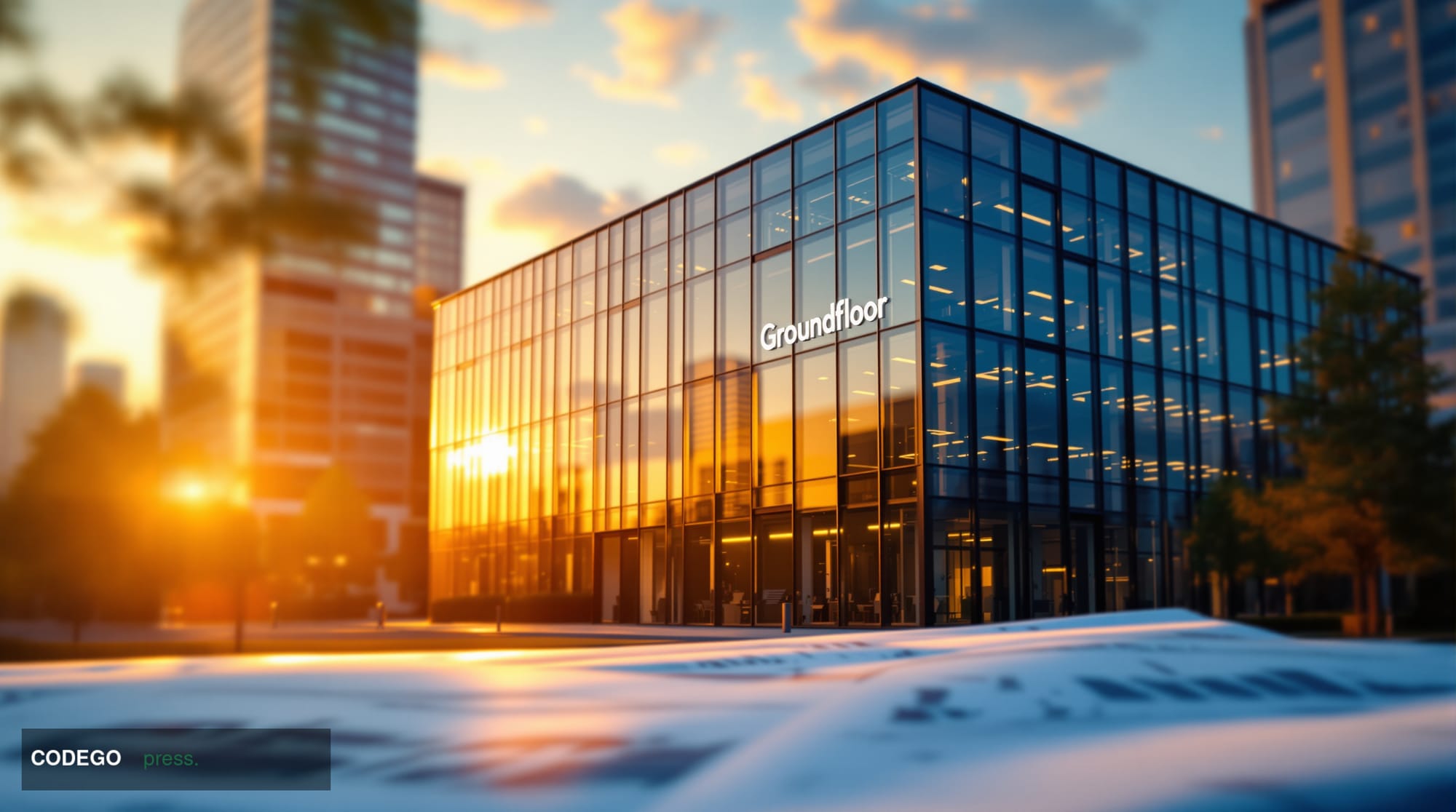 A cinematic editorial photograph showing Groundfloor's corporate headquarters or office building exterior in dramatic late af